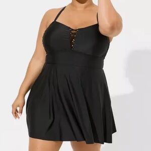 Torrid Wireless Long Lattice Front Swim Dress with Brief Black 1 1X